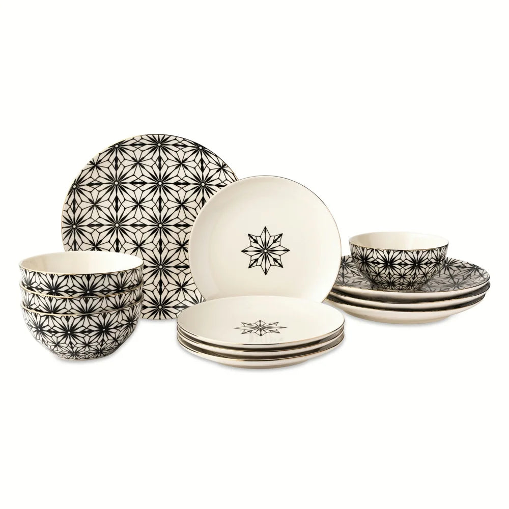 Snowflake 12-Piece Ceramic Dinnerware Set - Cream