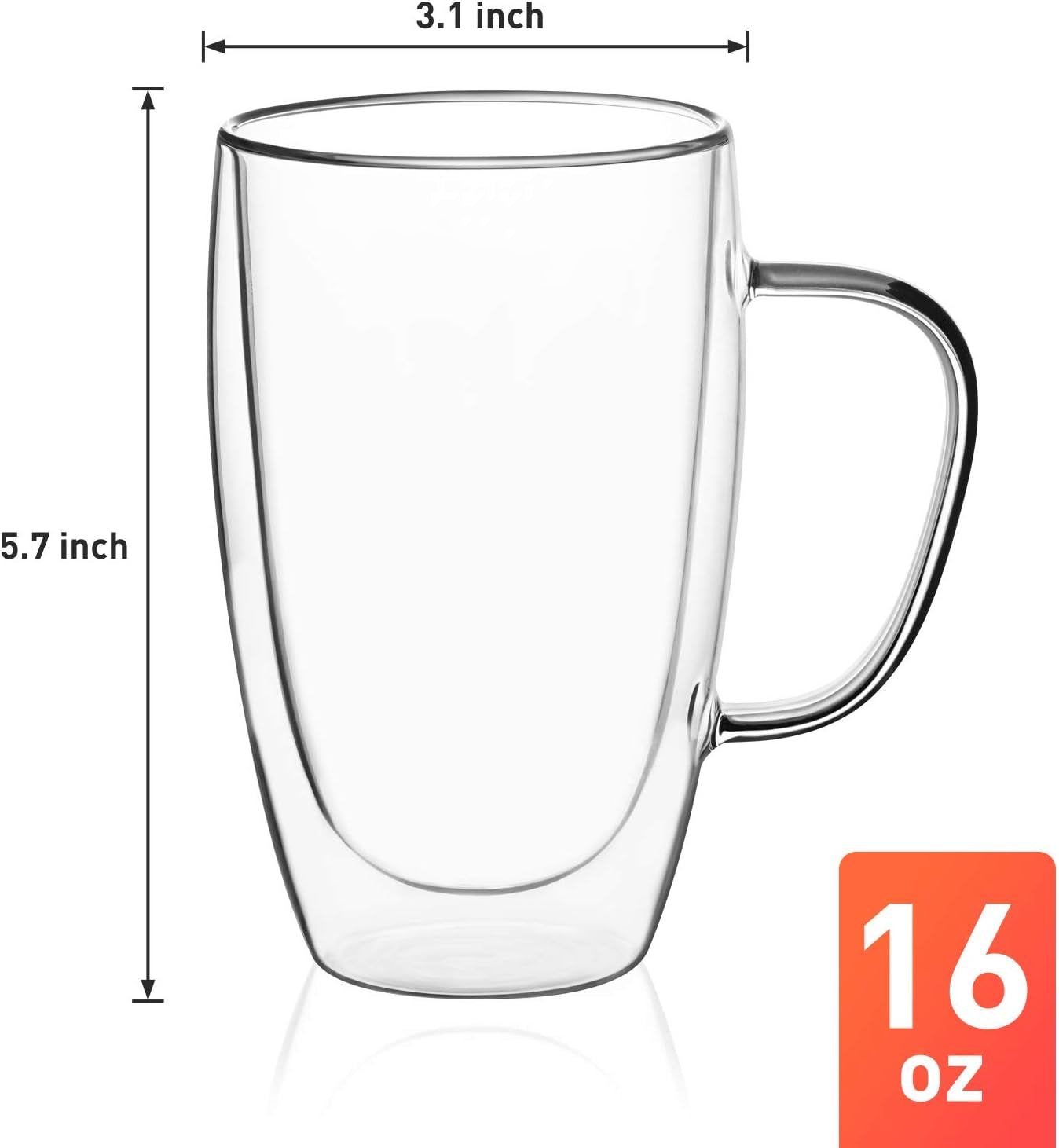 16Oz 2 Pack Double Walled Glass Coffee Mugs, Clear Glass Coffee Cups Insulated Glass Mugs with Handle for Coffee, Tea, Latte, Espresso, Cappuccinos