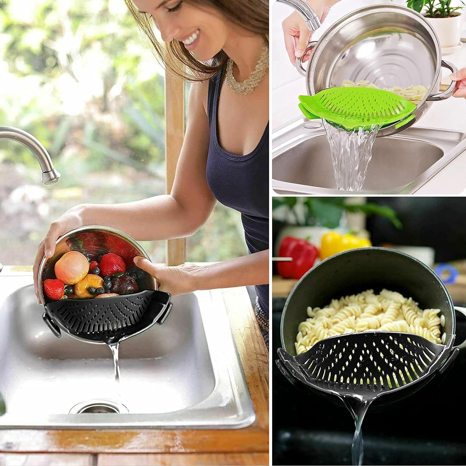 2 Pcs Clip on Strainer, Pot Strainer for Pasta Meat Vegetables Fruit, Silicone Strainer - Fit All Pots Bowls.