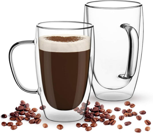 16Oz 2 Pack Double Walled Glass Coffee Mugs, Clear Glass Coffee Cups Insulated Glass Mugs with Handle for Coffee, Tea, Latte, Espresso, Cappuccinos