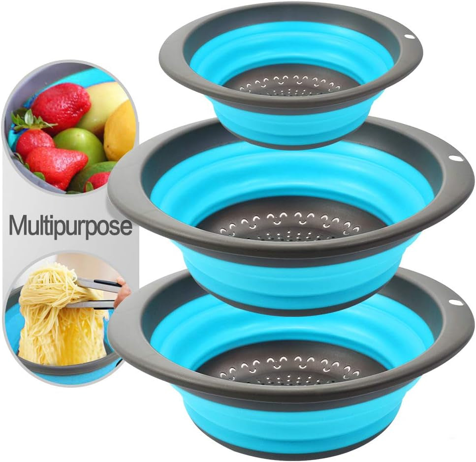 3PC Collapsible Colander, Kitchen Colander Strainer, Silicone Vegetable/Fruit Flexible Strainer, Folding Strainer for Kitchen (Blue Smile Colanders)