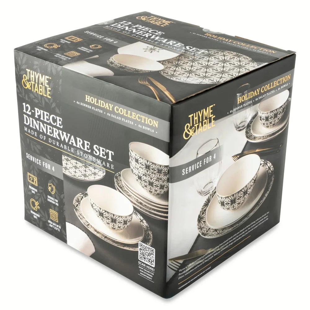 Snowflake 12-Piece Ceramic Dinnerware Set - Cream