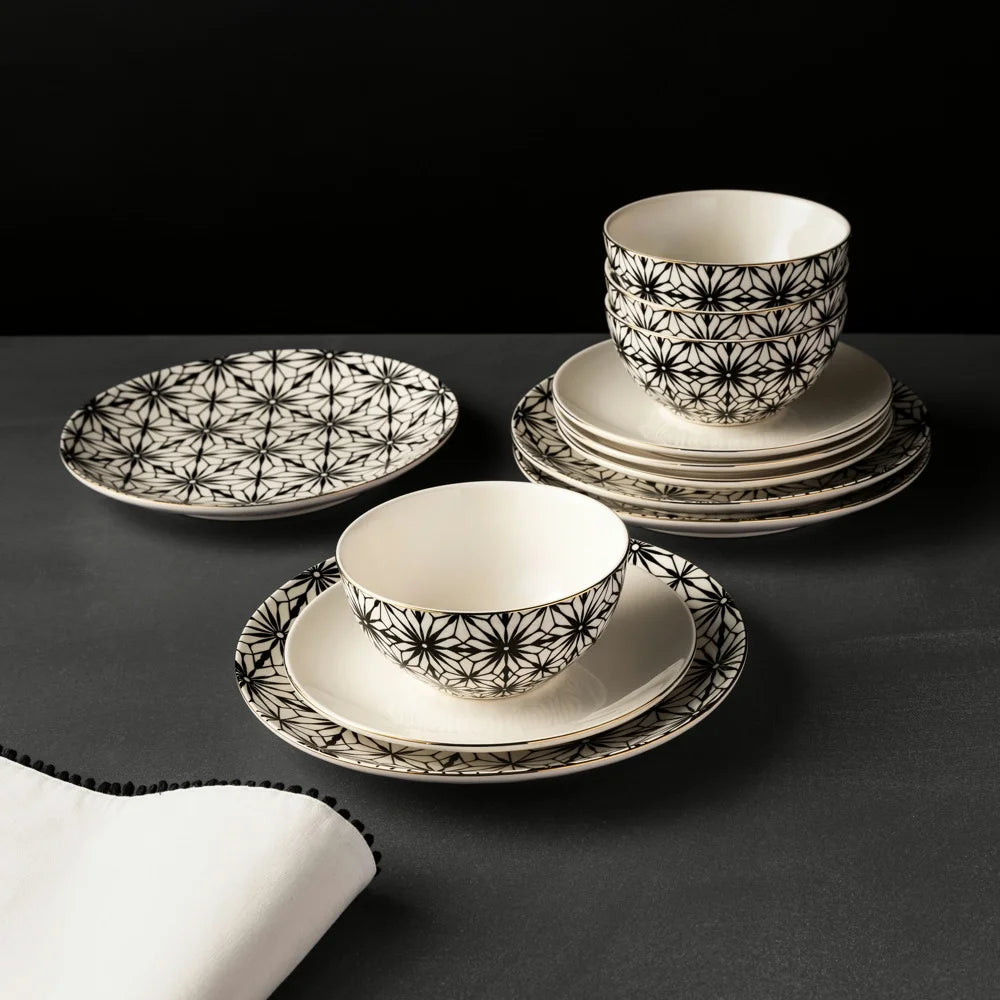 Snowflake 12-Piece Ceramic Dinnerware Set - Cream