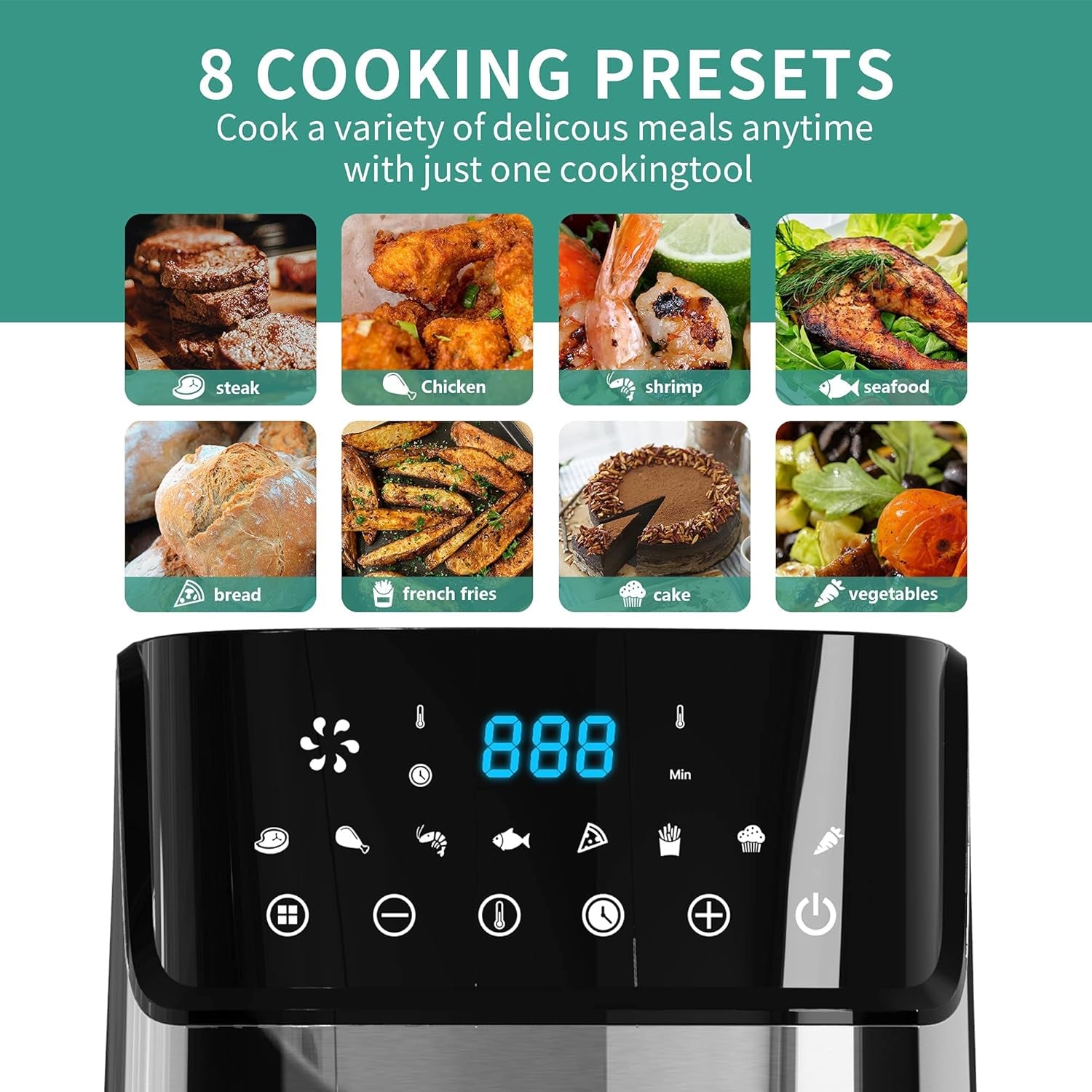 7.0QT Large Hot Air Fryer Cooker with 8 Preset Cooking Functions, LED Touchscreen with 100 Recipes, Suitable for Family Party, Nonstick Basket, Silver