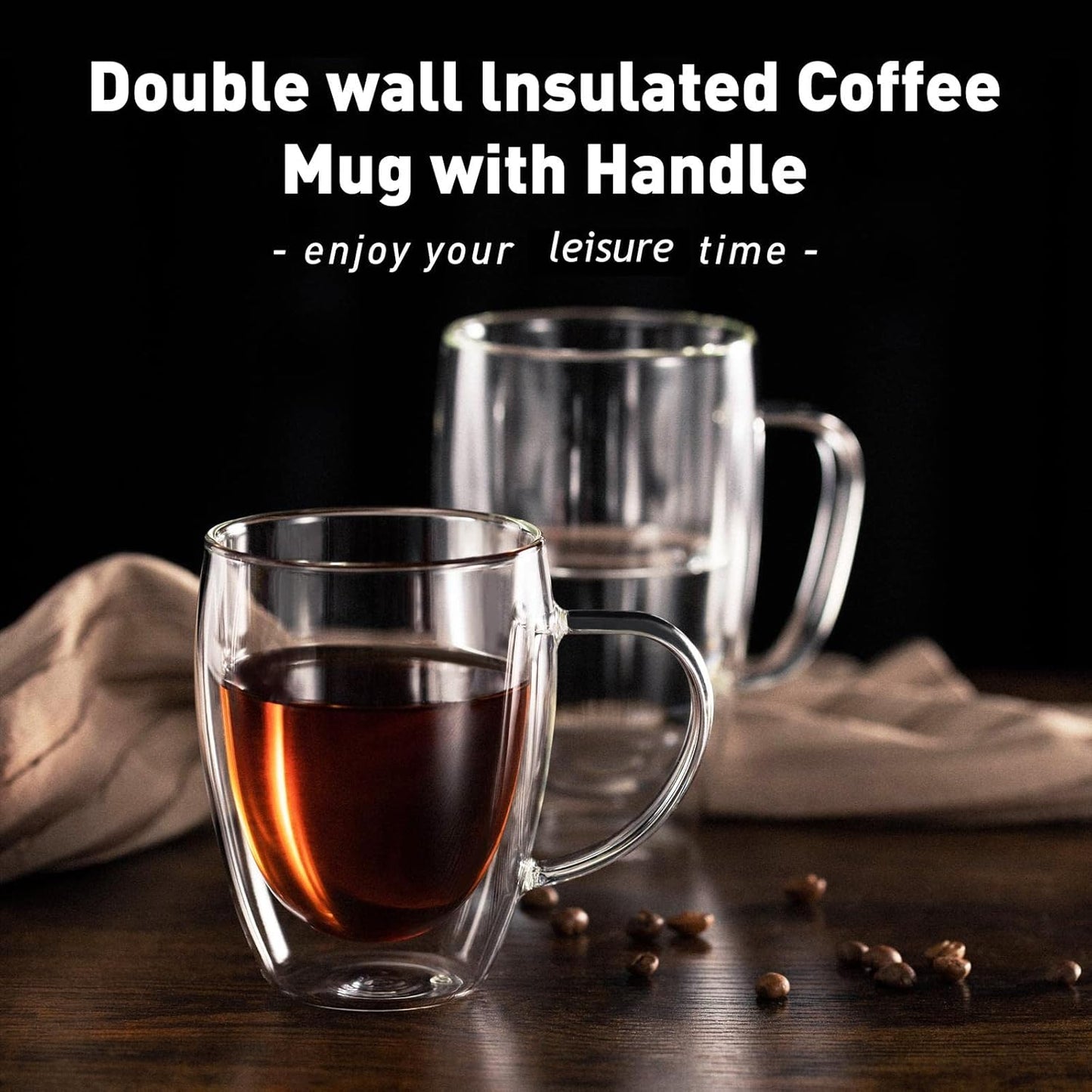 16Oz 2 Pack Double Walled Glass Coffee Mugs, Clear Glass Coffee Cups Insulated Glass Mugs with Handle for Coffee, Tea, Latte, Espresso, Cappuccinos